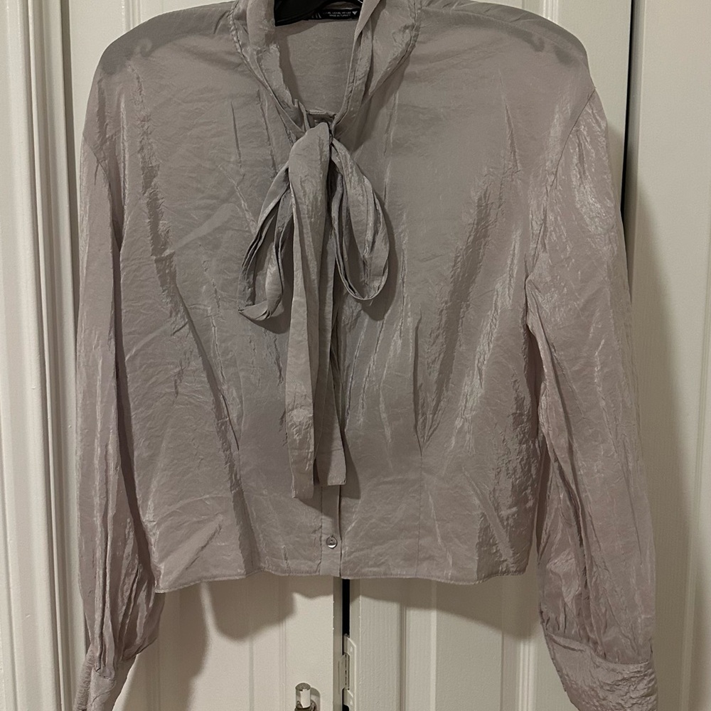Zara Light Gray Tie-Neck Blouse
